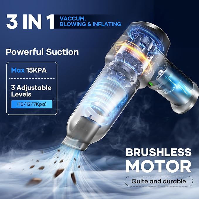 Mini Vacuum Cleaner, 3 in 1 Car Vacuum Cleaner High Power, 15000PA Powerful Suction, Air Duster, 7500mAh, Dual Filter,Adjustable Small Vaccum Portable Cordless for Cars,Desktop,Home - HL137