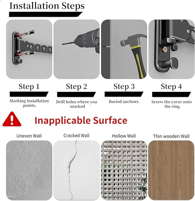 Danpoo Clothes Drying Rack Foldable Wall Mounted Laundry Drying Rack Clothing Coat Hanger Clothes Dryer Black