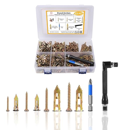 420Pcs Self Drilling Drywall Anchors with Screws Kit,Zinc Plated Steel,4 Sizes Expansion Screws and 2 Sizes Wall Anchors, Easy Application No Drill or Holes in Wall.