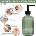 Green Glass Soap Dispenser Set with Black Pump, 13.5oz Refillable Liquid Hand Soap Dispenser, Lotion Dish Soap Dispenser for Modern Home Decor, Bathroom, Kitchen Countertop, Hotel(2 Pack)