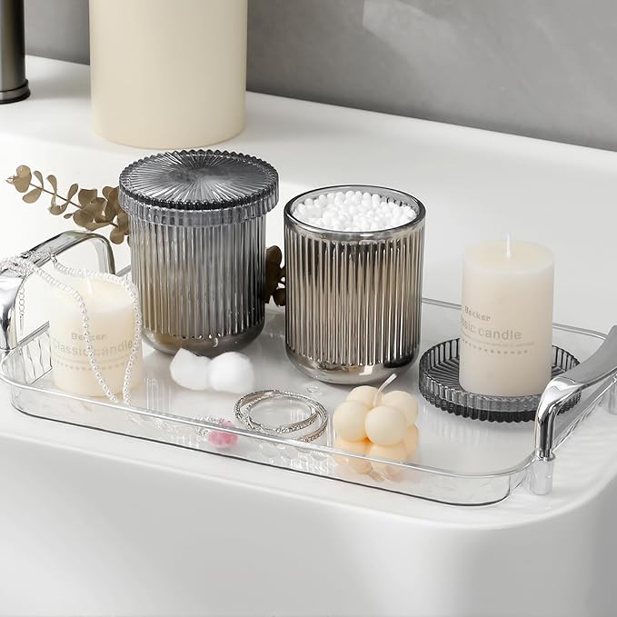 rejomiik Glass Qtip Holder Dispenser 2 Pack, Bathroom Canister Apothecary Jars with Lids, Vanity Makeup Accessories Storage Organizer for Cotton Swabs, Cotton Balls, Pads, Floss Picks, Gray