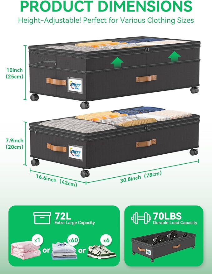 2Pack Under Bed Storage with Wheels, Scalable Under Bed Shoe Storage Containers, Clothes Organizer & Bedroom Furniture Organizers (Upgraded Style)