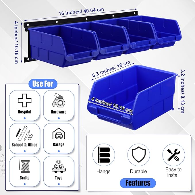 Maitys Wall Mounted Storage Bins Plastic Hanging Stackable Storage Parts Garage Tool Organizer for Screws, Nuts, Bolts, Nails, and Small Hardware Parts, 16x Bins & 4 x Rails(Blue)