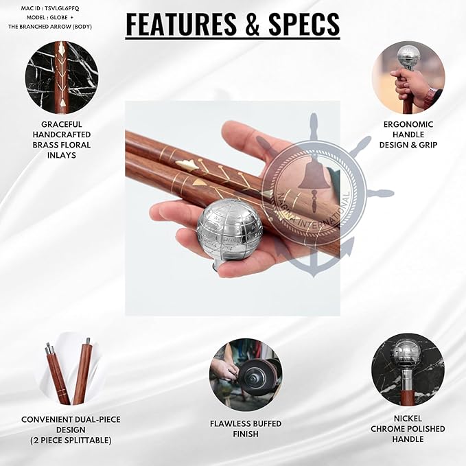 Deluxe Walking Sticks | Rosewood Crafted Cane with Solid Brass Chrome Decorative Bars | Nagina International