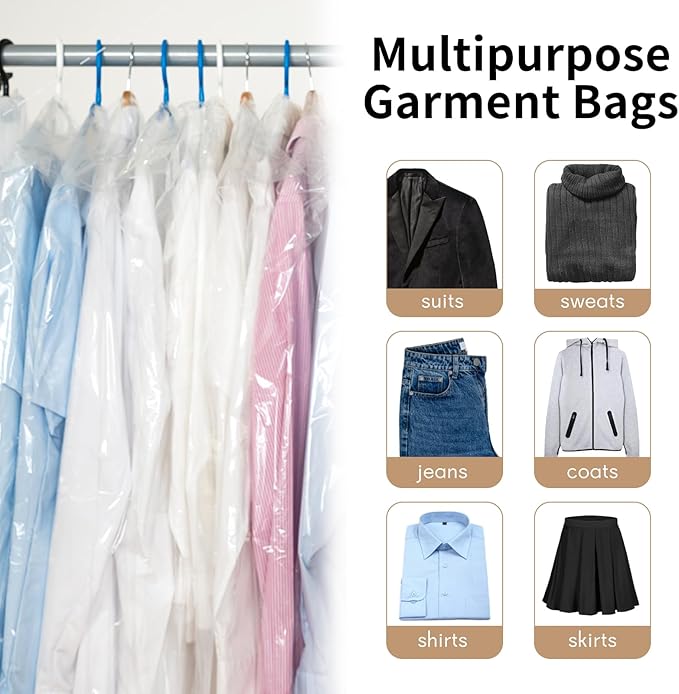 30 PCS 35.5 Inch Plastic Garment Bag, Dry Cleaner Bags Laundry Bags, Clear Hanging Clothing Covers for Coat Suit Shirt Jacket Skirt