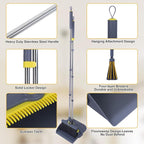 Heavy Duty Broom and Standing Dustpan Combo Set, Rotatable Head Dust Pan and Brush Set with Collapsible Handle, Cleaning Teeth, Hanging Loop, Ideal for Pets, RV, Kitchen, Camping, Outdoor Floor, Gray