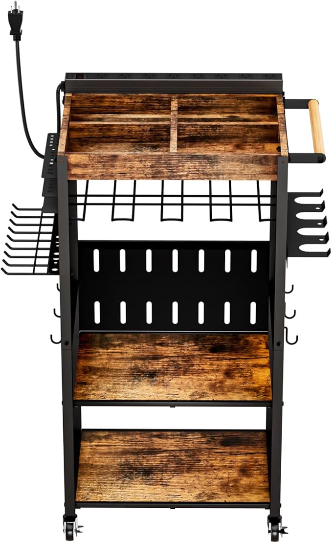 Heavy-Duty Power Tool Organizer with Charging Station,Premium Thickened Wood Panels,4 Layers + 4 Multi-Functional Side Hooks ，Integrated Design Power Tool Organizers and Storage