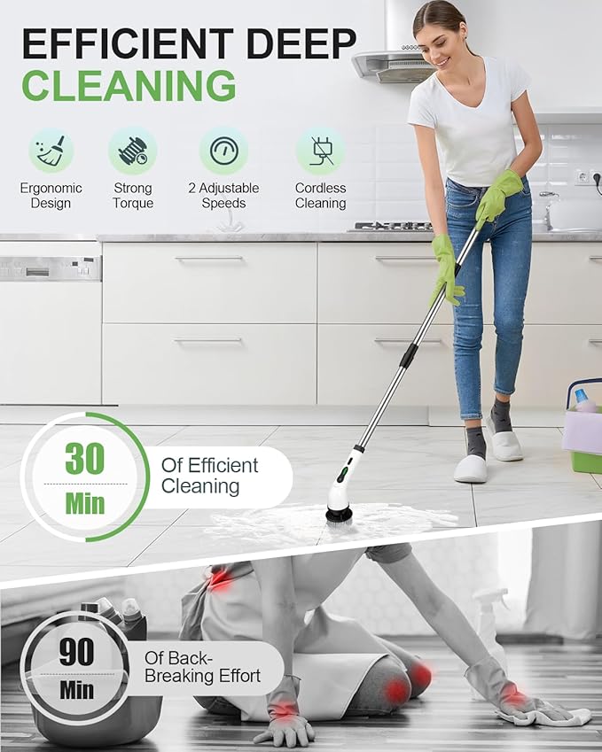 Electric Spin Scrubber, Cordless Cleaning Brush, Shower Scrubber with 9 Brush Heads 2H Power Dual Speed, Adjustable Extension Handle, IPX7 Waterproof for Tub Tile Floor Car, O-White