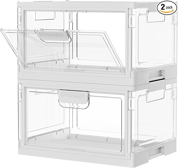 Vtopmart 2 Pack Stackable Storage Bins with Lids,24QT Clear Foldable Closet Organizer with Front-Open Doors,Plastic Storage Containers for Living Room, Bedroom, Craft Room, Dorm Organization