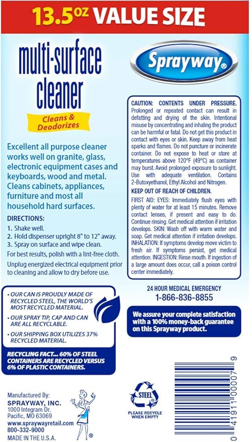 Sprayway SW007R Multi-Purpose Cleaner, Cleans & Deodorizes, for Granite, Glass, Wood, and Metal, 13.5 Oz (Pack of 2)