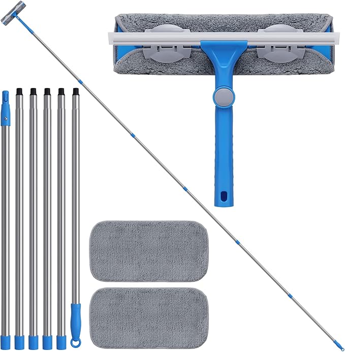 20 Feet+ High Reach Window Squeegee, 2-in-1 Window Cleaner Tool with 15.5Ft Extension Poles, Professional Window Washing Kit, Long Window Cleaning Equipment for High Outdoor Windows Glass