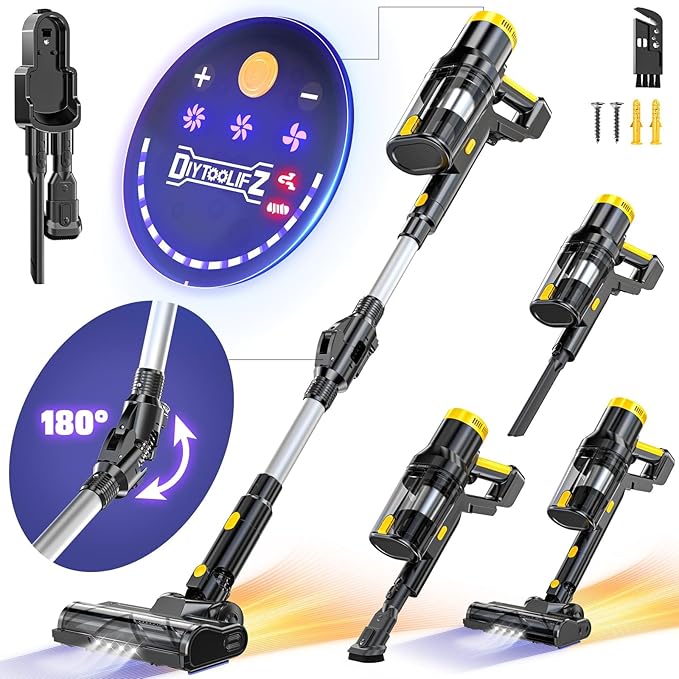 350W 40KPa Cordless Vacuum Cleaner Compatible with DeWalt 20V Battery (No Battery), 6-in-1 Self-Standing Stick Vacuum, 3 Models, Dual Dust Cup, LED Display & 180° Bendable Wand