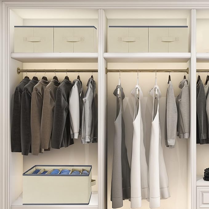 3 Pcs Large Size Wardrobe Clothes Organizers 6 Grids for Pants, Jeans, Sweater, T-shirt, Thin Coat, Dress Stackable Closet Drawer Organizer Storage Bin Container with Sturdy Handles, Beige