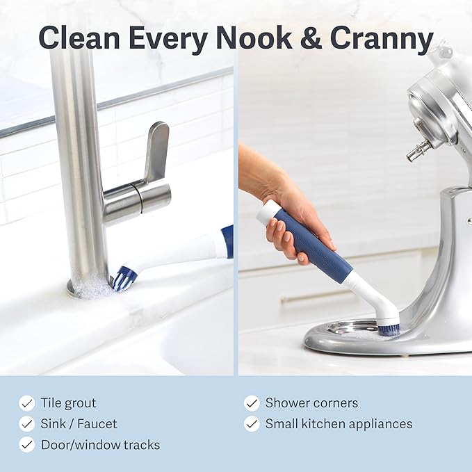 Casabella Power Scrubber Handheld Electric Spin Detail Scrubber for Cordless Cleaning Ergonomic Construction IPX 6 Water Resistance 440RPM Includes 3 Cleaning Heads, 10.4-Inch, White