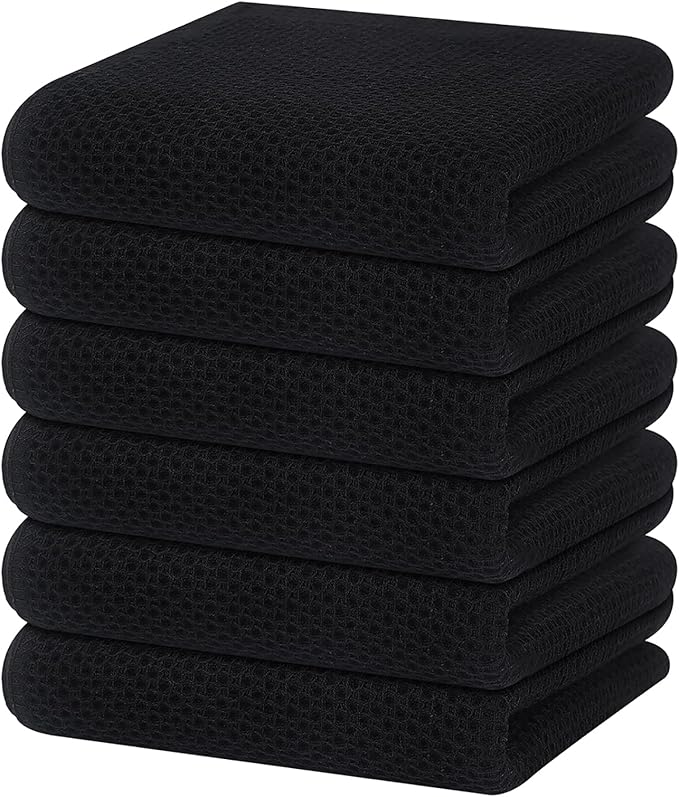 Homaxy 100% Cotton Waffle Weave Kitchen Dish Towels, Ultra Soft Absorbent Quick Drying Cleaning Towel, 13 x 28 Inches, 6-Pack, Black