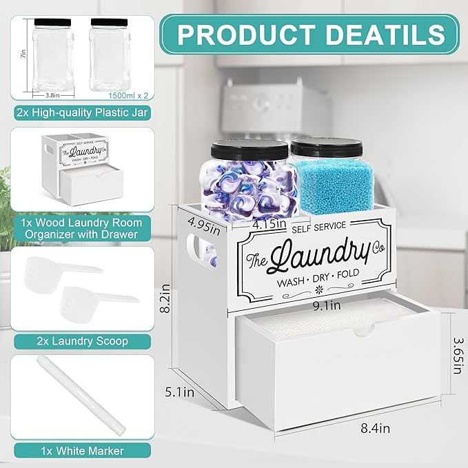 Dryer Sheet Container for Laundry Room Organization, Laundry Pods Container Include 2 Plastic Jars with Lids for Storage, Drying Ball and Laundry Detergent Dispenser, Laundry Room Decor