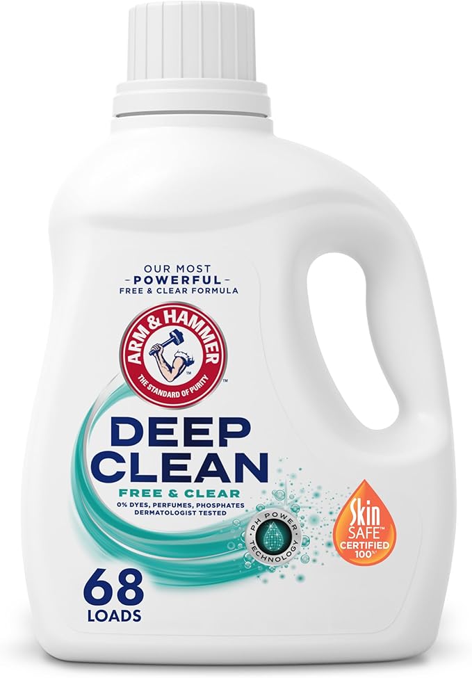 ARM & HAMMER Deep Clean Free & Clear Liquid Laundry Detergent, Free of Dyes, Perfumes and Phosphates, Suitable for Sensitive Skin, Dermatologist Tested, 102 Fl Oz, 68 Loads