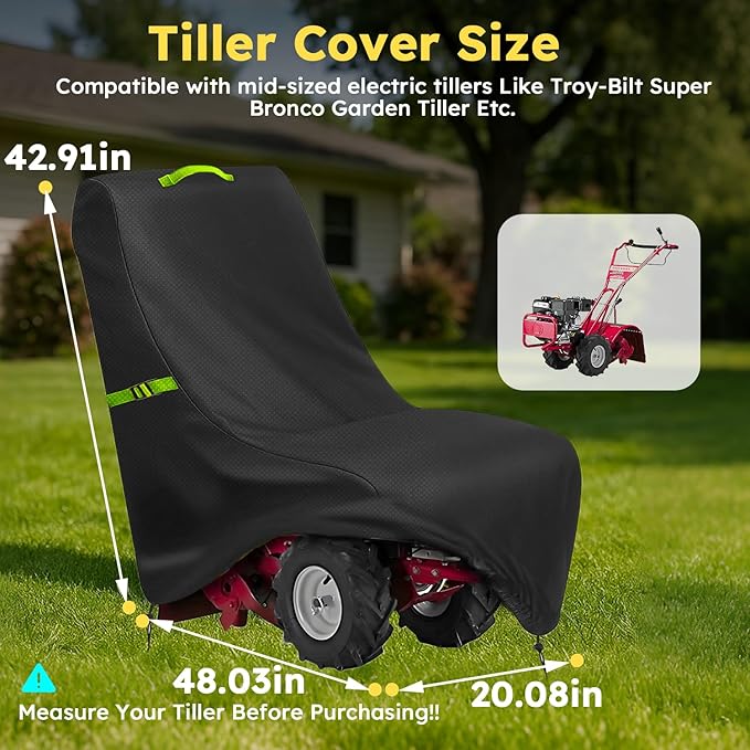 Tiller Cover, Rototiller Covers, 420D Silver-Coated Waterproof Fabric, Adjustable Drawstring Hem, Green Handle & Rear Waist Band – Fits Most Tillers (Black, Electric Tiller Cover)