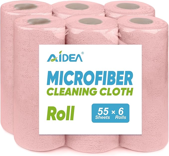 AIDEA Microfiber Cleaning Cloth 330 Sheets 6 Roll, Pink, Microfiber Towels for Cars, Shop Rags Washable,Cleaning Rags Reusable Paper Towels for Automotive, Mechanic, Workshops, House,11×9"