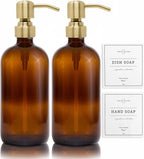 Vine Creations Amber Glass Soap Dispenser, 2 Pack Kitchen Soap Dispenser Set with Stainless Steel Pump, 16 oz Hand Soap and Dish Soap Dispensers for Kitchen or Bathroom with Waterproof Labels