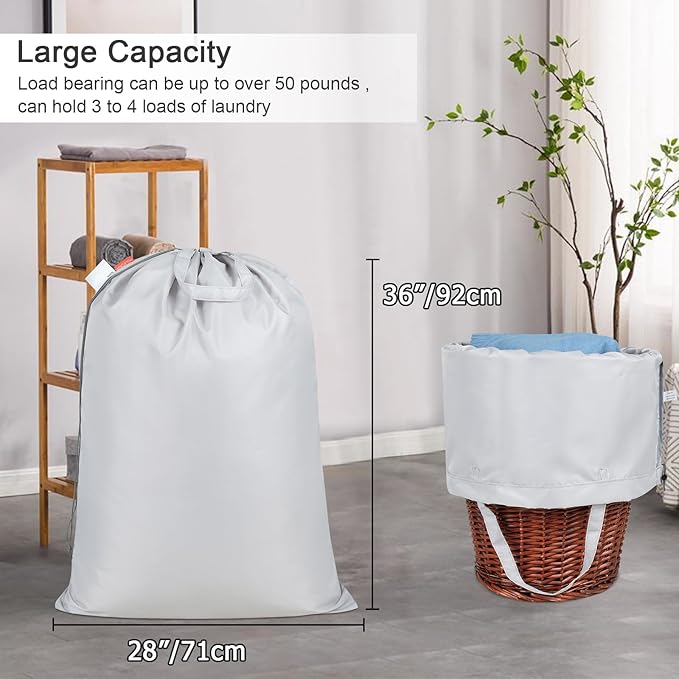 Polecasa Heavy Duty Laundry bag, 28 x36 inches Large Laundry Bag with 130gsm Tear Resistant Fabric and Handles, Durable Clothes Drawstring Bag for Laundry Hamper, College, Dorm, Travel, Silver