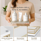 Bathroom Tray for Counter Top Organizer – Oak Wood Vanity Tray with Metal Frame for Dresser, Kitchen, Nightstand – Gold & White Decorative Storage