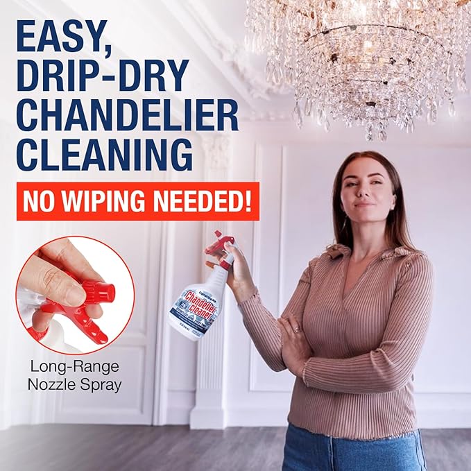 Chandelier Cleaner Drip Dry Spray - No Wipe Formula for Effortless, Streak-Free Shine on Crystal, Glass & Brass - Sprays up to 25 feet! Biodegradable, Non-Toxic & Time-Saving, 32 oz - Made in USA