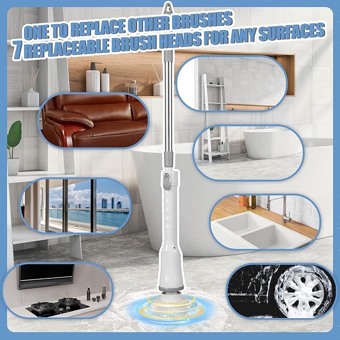 2025 Upgraded Electric Cleaning Brush, IPX7 Waterproof Electric Spin Scrubber with Replaceable Brush Heads, Adjustable Angle, Lightweight & Flexible for Bathroom, Kitchen, Tiles, and More