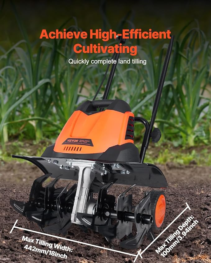 VEVOR 12 Amp Electric Tiller, 18" Tilling Width 3.94" Tilling Depth Corded Electric Tiller/Cultivator, Steel Mn Tines, Rototiller for Garden Lawn Soil Digging