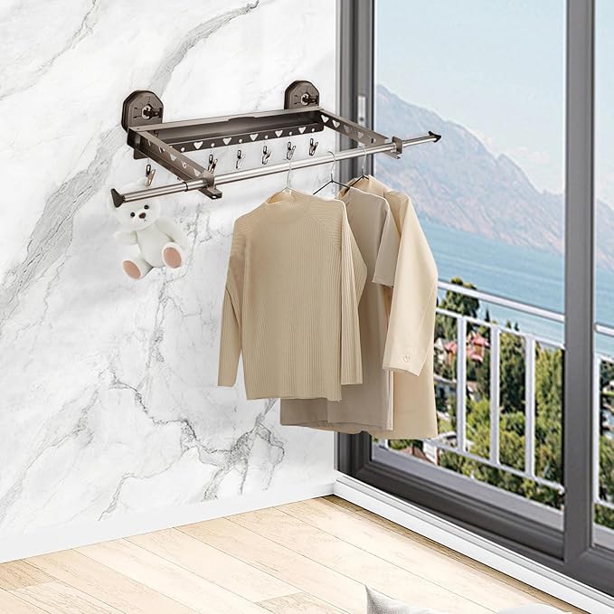 Extendable Clothing Dryer Rack, Invisible Folding Storage, Wall Mounted Drying Rack, Strong Suction Power, for Bed Linen, Clothing, Foldable Bathroom Wall Shelf (Curry Grey)