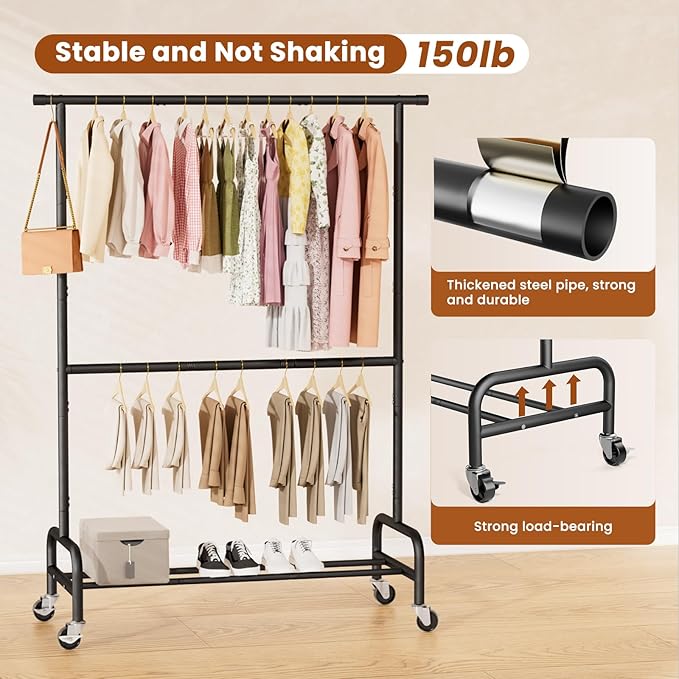 Abiglifty 2 Tier Clothes Rcks for Hanging Clothes, Heavy-Duty Clothing Rack with Wheels,150LBS Capacity, 42" W X15 D X 77" H Garment Rack with Bottom Shelf, for Bedroom, Living Room, Black