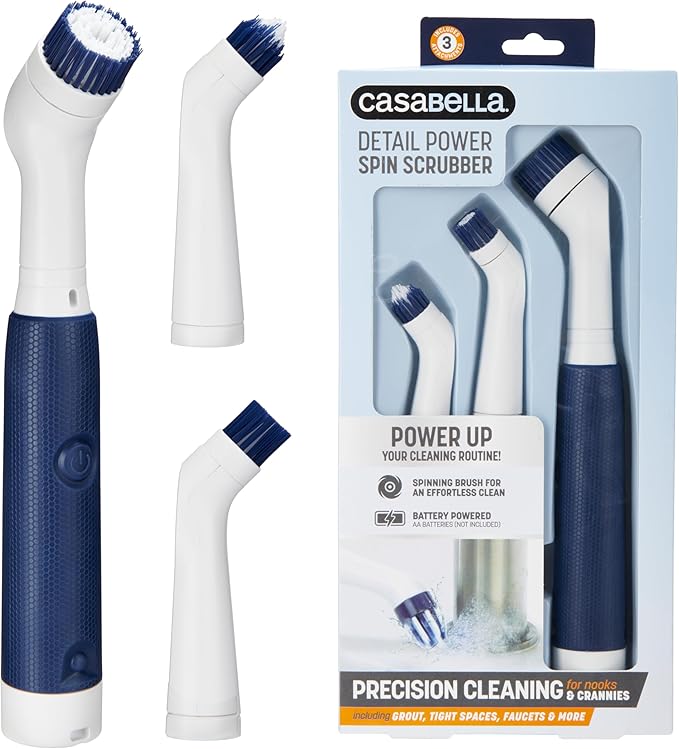 Casabella Power Scrubber Handheld Electric Spin Detail Scrubber for Cordless Cleaning Ergonomic Construction IPX 6 Water Resistance 440RPM Includes 3 Cleaning Heads, 10.4-Inch, White