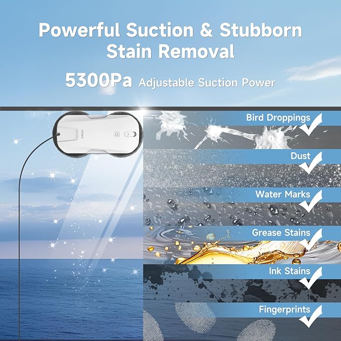 Fmart T11 Window Cleaning Robot, 5300PA Suction, Automatic 4-Way Spraying System, Triple Safety Protection, Smart Navigation, Remote Control, for All Smooth Surfaces, Includes 10 Cleaning Pads. (2025)