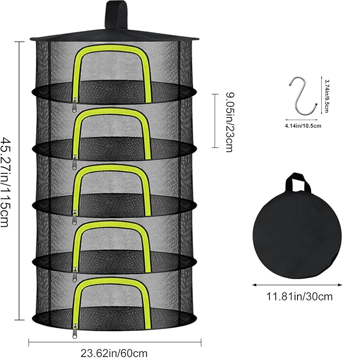 5 Layer Herb Drying Rack, Herb Drying Rack Hanging Mesh, Foldable Bud Drying Net with U-Shaped Zipper, Hooks, for Drying Herbs Plants, Flowers, Fruits, Food, Camping (5 Layers-23.62'')