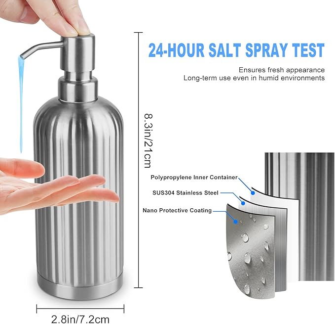 Soap Dispenser 18 Oz with Non-Slip Coaster, Stripe Design Dish Soap Dispenser Brushed Nickel, Refillable Liquid Hand Soap Dispenser for Bathroom, Kitchen Soap Dispenser Premium Stainless Steel