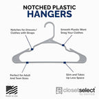 Closetselect Plastic Hangers 50 Pack - Space Saving Clothes Hangers, Made in USA, Durable & Strong Plastic Shirt & Coat Hanger with Notches & Shoulder Grooves, Non-Slip Clothing Hangers | Grey