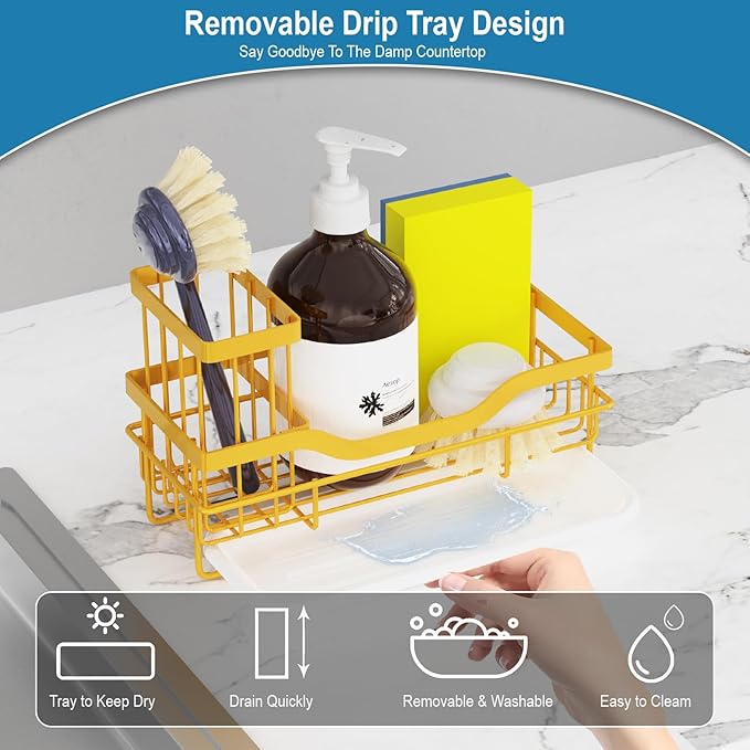 Vanwood Sponge Holder for Kitchen Sink Caddy Organizer With Brush Holder & Drain Tray, Rustproof Dish Soap Caddy for Counter - Storage & Home Accessories