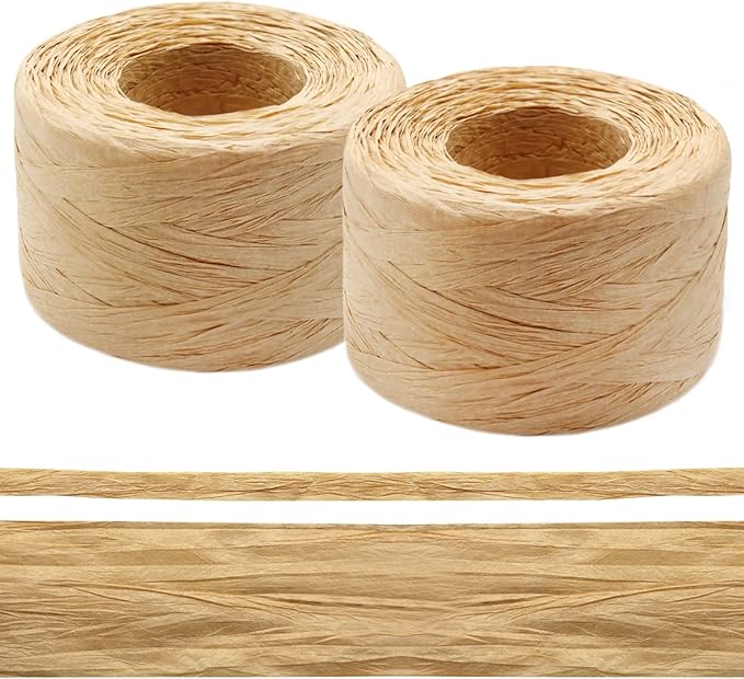 Anvin 2 Rolls Natural Raffia Paper Ribbon Matte Twine Raffia Ribbon Paper Decorative String for Festival Gift Wrapping, Crafts and DIY 1/4" Wide by 330 Feet Each Roll (Natural Color)