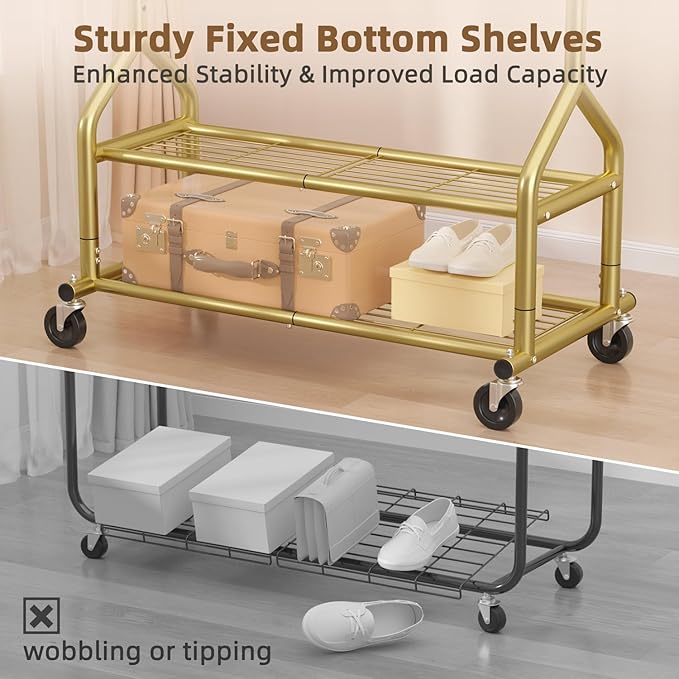 EAGMAK Heavy Duty Clothes Rack Load 556 LBS, Rolling Clothing Rack With Shelves, Height Adjustable Metal Clothes Hanger with Wheels Portable Wardrobe Organizer Garment Rod for Hanging Clothes (Gold)