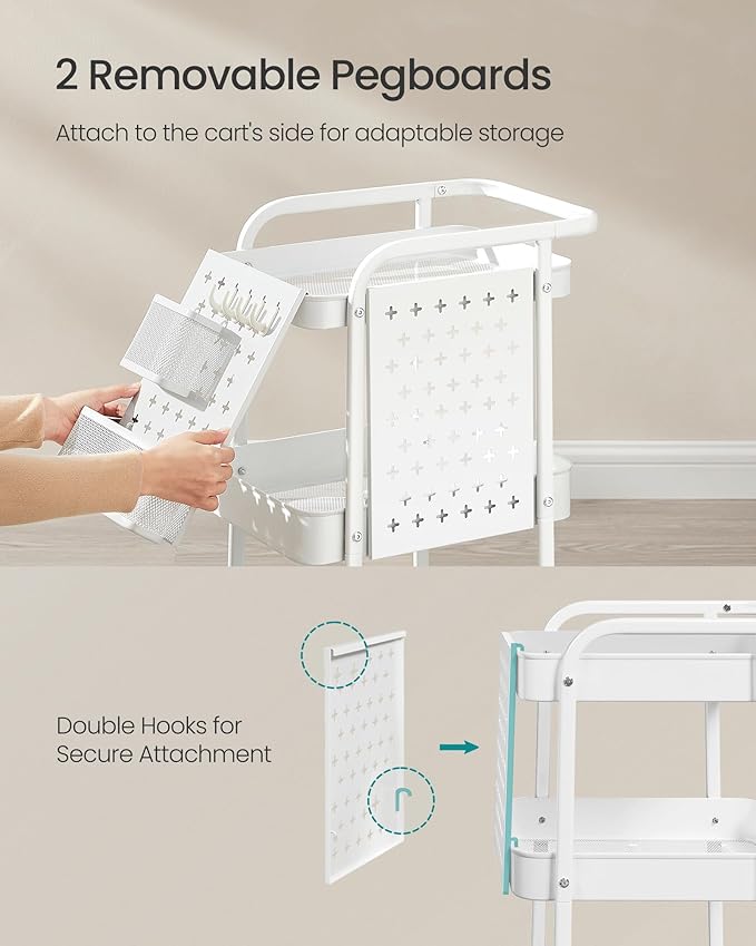 SONGMICS 3-Tier Storage Cart, Rolling Utility Cart, Metal Mesh Shelves, 2 Removable Pegboards, 2 Hanging Holders, 4 Hooks, Craft Cart for Living Room, Kitchen, Office, Bathroom, Cloud White ULRC037W01