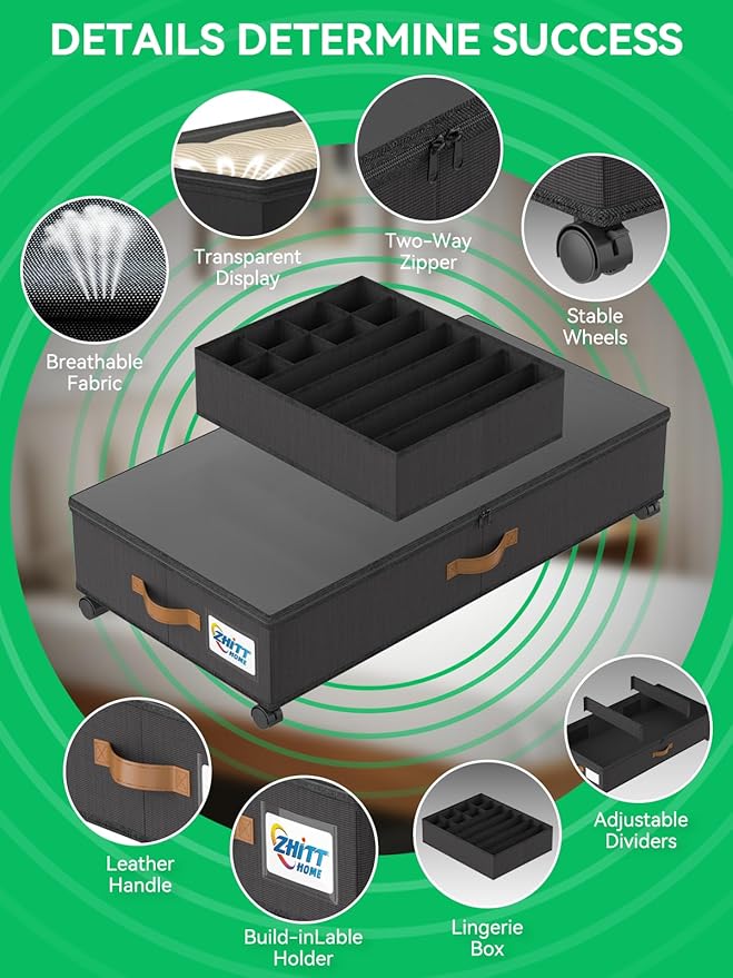 2Pack Under Bed Storage with Wheels+1Pack Underwear Storage, Scalable Under Bed Shoe Storage Containers, Clothes Organizer & Bedroom Furniture Organizers (Underwear Storage Style)