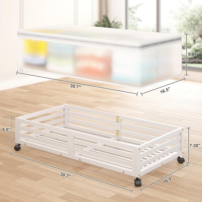 Bamboo Under Bed Storage Containers- Underbed Organizer with Wheels with Large Capacity Dust Bag,Sturdy Wood Rolling Under Bed Shoe Storage Organizer 2 Packs (White, 1 Packs (23.62"×16.54"))