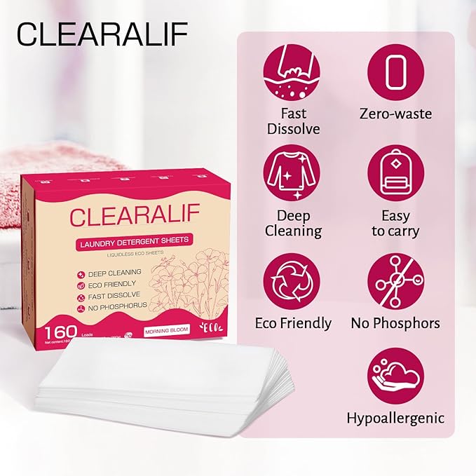 CLEARALIF Laundry Detergent Sheets 80 Sheets (Up to 160 Loads), Morning Bloom - Great For Apartments, Dorms,Eco Friendly