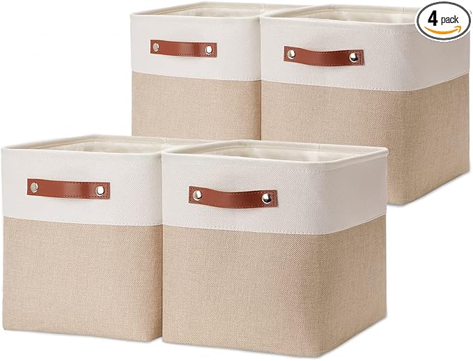 HNZIGE Foldable Storage Baskets(4 Pack) Cube Storage Baskets for Shelves,Storage Cubes for Organizing Closet,12x12 Baskets for Cube Storage,Home Organization with Handles(White&Beige)