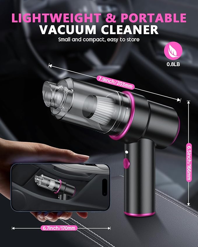 CODN Handheld Car Vacuum Portable Cordless 12000PA, 2 in 1 Handheld Vacuum Cleaner and Air Duster with Multi-Nozzles and LED Light, Mini Hand Held Vacuum Rechargeable for Home, Car, Office, Pet Hair