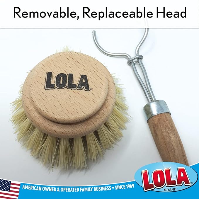 Lola Products Replacement Heads for The Original Pot & Pan Brush, Brass Wire & Tampico Bristles, Birch Hardwood, Heavy Duty Cleaning - 3 Pack