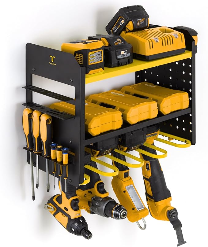 Power Tool Organizer - Wall Mount Storage for Garage Organizes 4 Cordless Drills & Tools - Easy Assembly Heavy Duty Rack has Pegboard Sides Shelves & Hooks - Neatly Holds Screwdrivers & Drill Bits