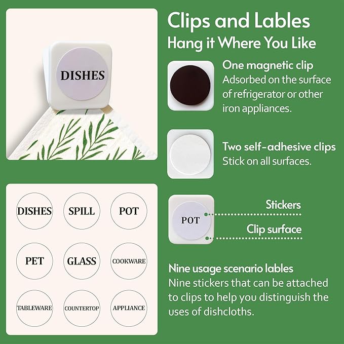 Swedish Dishcloths for Kitchen, 8 Pack Green Reusable Paper Towels with Clips, Non-Scratch Swedish Kitchen Towels, Super Absorbent Cellulose Sponge Cloths, Dishwasher Safe, No Odor