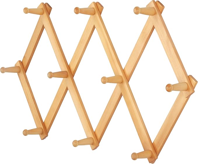 Dseap Accordian Wall Hanger: 16” High Wooden Wall Expandable Coat Rack, Hat Rack Holder, Accordion Hook for Baseball Caps, Coats, Mugs, 10 Peg Hooks, Natural