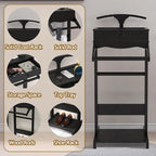 Wood Mens Valet Stand,Freestanding Suit Stand&Clothes Butler Valet Stand with Hanger,Tie&Belt Hooks,Shoe Rack,Storage Organizer for Keys,Watches,Wallet,Jewelry in Entrance,Bedroom (Styel 3, Black)